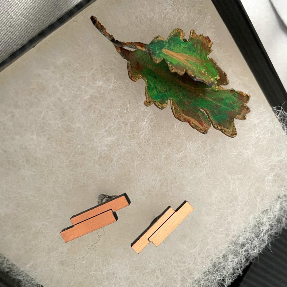 Leaf pin, handcrafted, and earrings